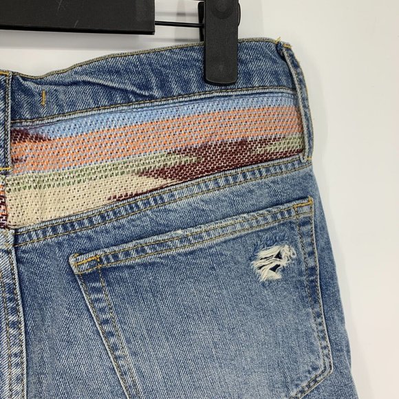 Free People Denim Shorts High Rise Blue Bermuda Distressed Tribal - Picture 8 of 12